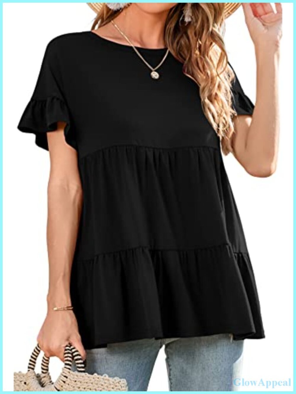 Ruffle Sleeve Peplum Babydoll Blouse Loose Fit Short Sleeve Crew Neck Summer